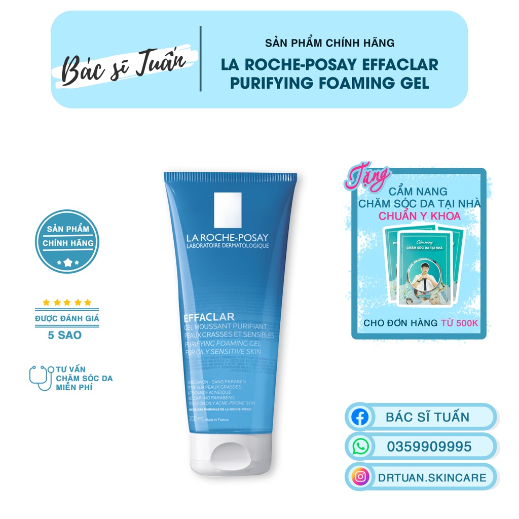 Gel rửa mặt tạo bọt làm sạch da dành cho da dầu nhạy cảm La Roche-Posay Effaclar Purifying Foaming Gel 200ml [CHÍNH HÃNG