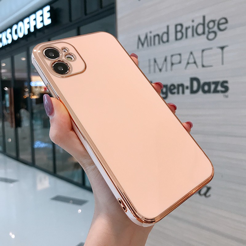 Ốp điện thoại mềm mạ vàng vuông nắp kính bóng sang trọng cho iPhone 12 11 Pro Max XS Max X XR 7 8 Plus SE 2020