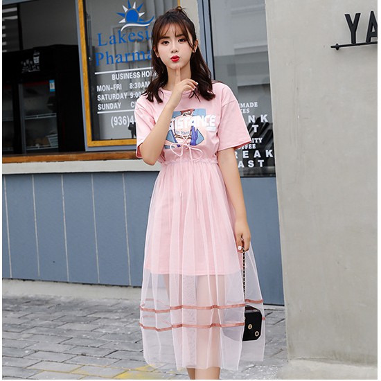 Đầm suông phối chân váy lưới