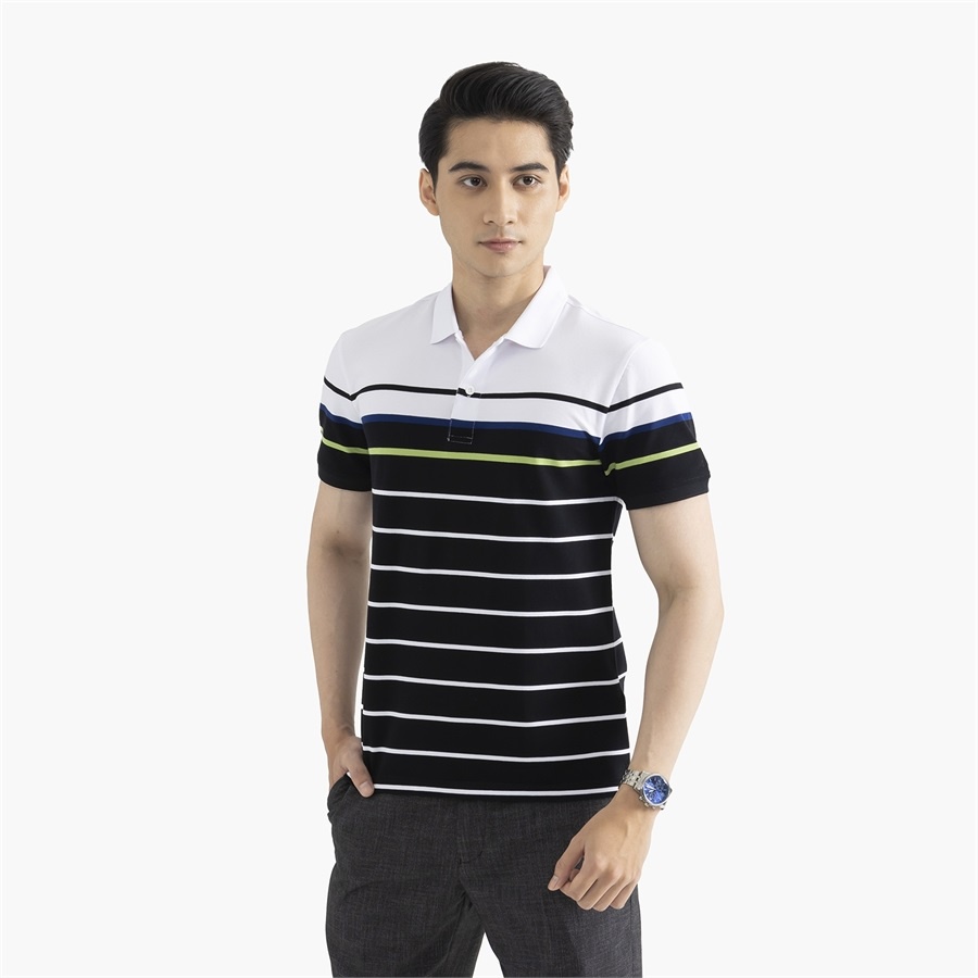 Áo thun polo nam Aristino APS127S2 phông ngắn tay có cổ bẻ dáng suông vừa màu đen kẻ ngang vải cotton cao cấp mềm mại