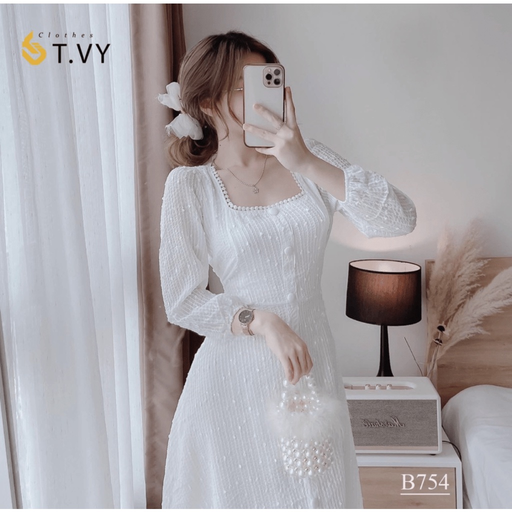 (HÀNG MỚI) Đầm dự tiệc đầm trắng cổ vuông tay phồng tùng xòe siêu hot
