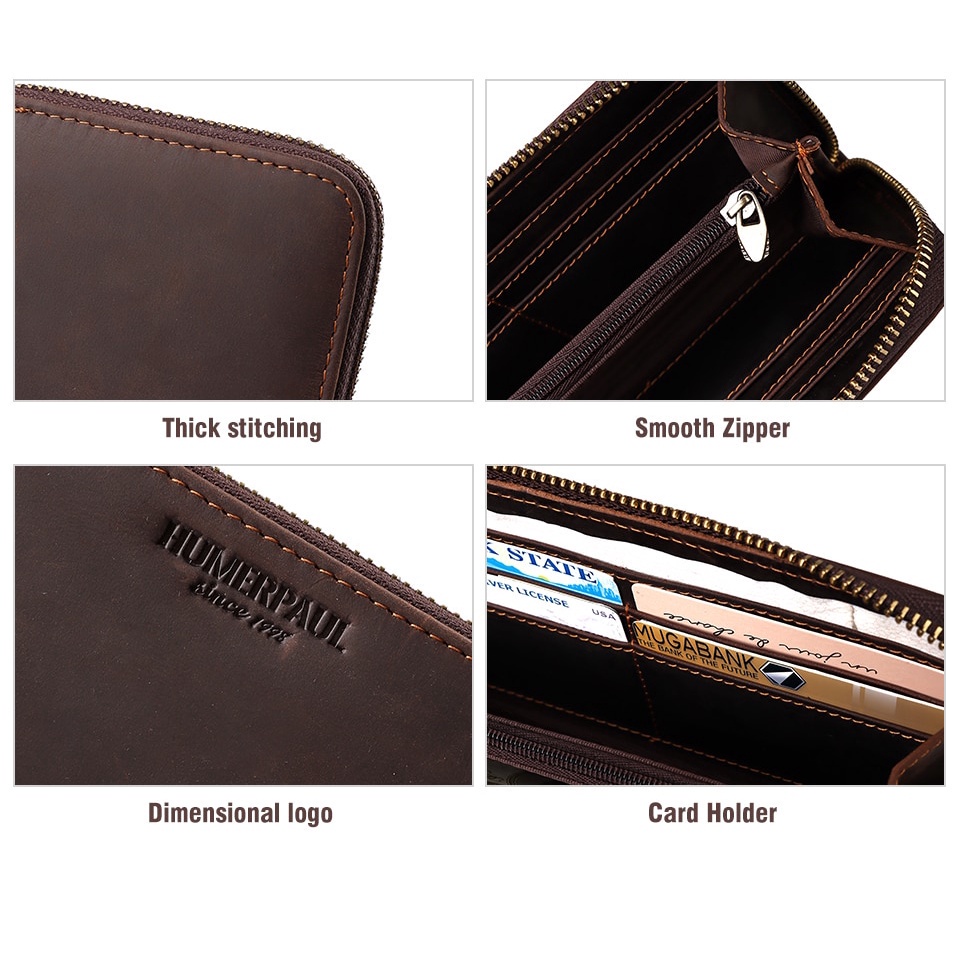 Ví Da Ngựa HUMERPAUL Có Khóa Kéo Đựng Thẻ RFID Thời Trang