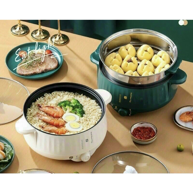Nồi lẩu điện mini 2 tầng, tặng kèm 1 khay hấp, chiên rán xào 3 chức năng uh