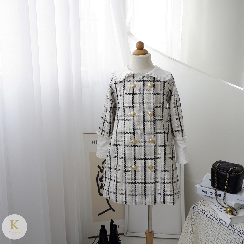 Váy bé gái Kiwy Kids chất liệu tweed sành điệu Kid2105 khuy cài có thể mặc thành áo khoác dáng dài cho bé 6 đến 11 tuổi