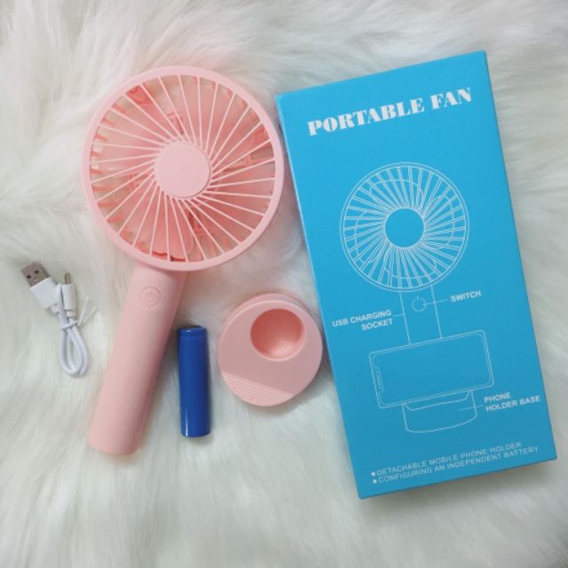 Quạt mini cầm tay Portable Fan 4 cánh kèm kèm chân sạc có đế để bàn, để điện thoại