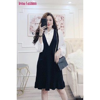Đầm suông dài tay tema - đầm suông kiểu gile chất len phối ngoài cực đẹp