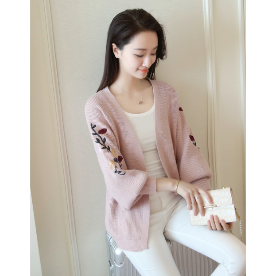 Áo Len Nữ Thu Đông Kiểu Khoác Nhẹ Cardigan Thêu Hoa Mẫu Tay Bồng May_ALN022 MayBlue-video thật