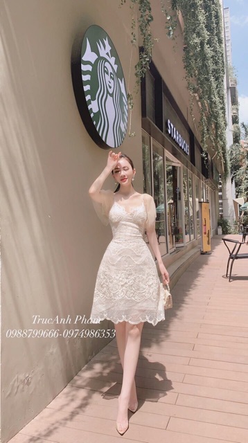 Có clip -Gv đầm xoè ren Nude vàng tay lưới