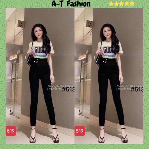 Quần jean Nữ Mẫu Mới ❤️FREESHIP❤️ Quần Bò Nữ Đen Trơn Lưng Siêu Cao Tôn Dáng 3 Nút Lệch Chuẩn Skinny Có size đại -Mã 619