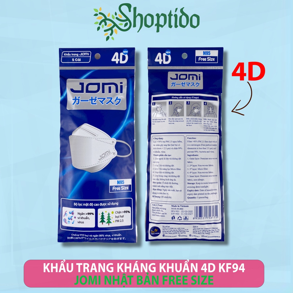 Khẩu trang y tế 4D Jomi KF94 lọc bụi mịn túi 5 cái NPP Shoptido
