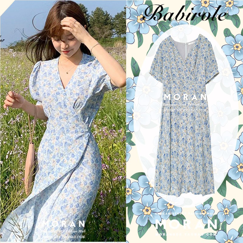 Váy MORAN hoa nhí cộc tay cổ V thắt eo chéo tà điệu đà vintage nhẹ nhàng Hàn Quốc