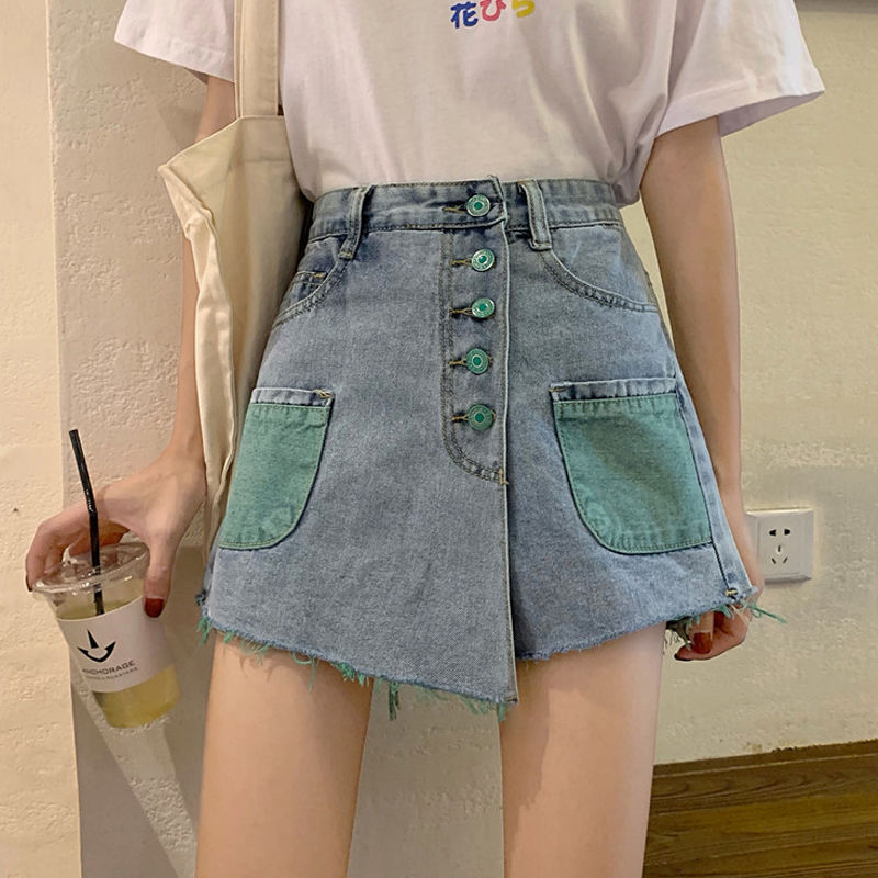 Quần Short Denim Giả Váy Eo Cao Kiểu Hàn Quốc Thời Trang Mùa Xuân 2021 Cho Nữ