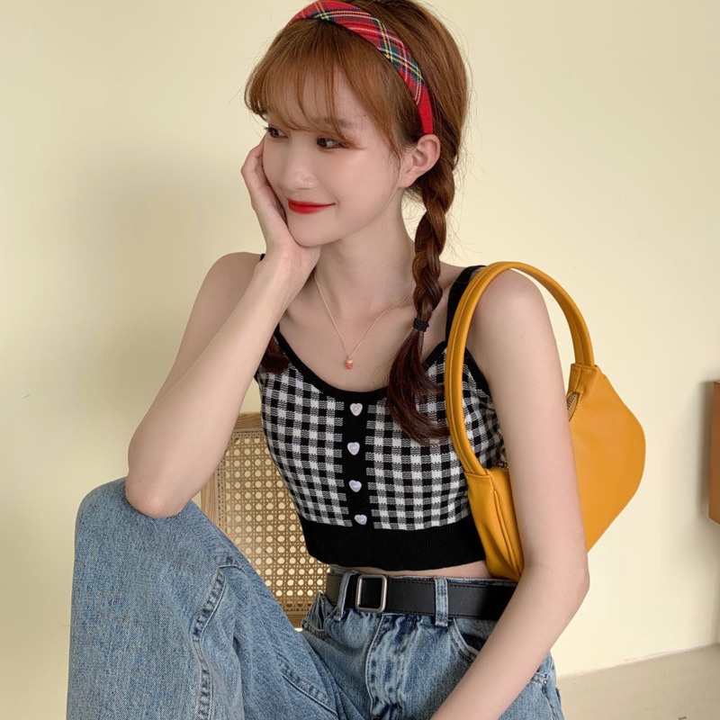 Áo Vest Dệt Kim Kẻ Caro Ngọt Ngào 175288 Áo Croptop Hai Dây Gợi Cảm Xinh Xắn Dành Cho Nữ