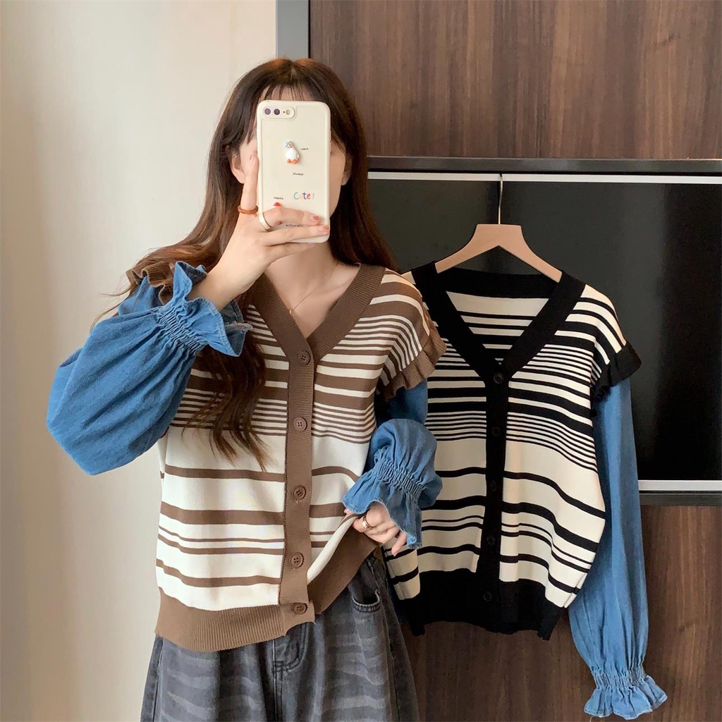 Áo khoác cardigan dệt kim ZHELIHANGFEI tay dài dáng rộng giả hai lớp dễ phối đồ thời trang cho nữ