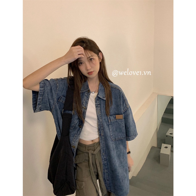 Áo Sơ Mi denim Tay Ngắn Dáng Rộng Thời Trang Mùa Hè Phong Cách Hàn Quốc Cho Nữ