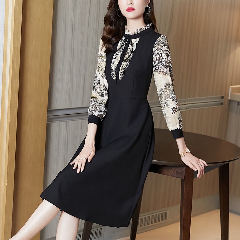 Váy mới mùa thu 2021 váy chữ A rời váy dài tay áo váy dài trung niên