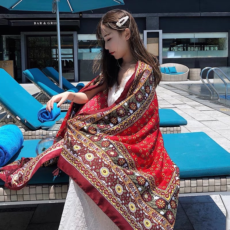 [Vải Linen] Khăn To Đi Biển Hoạ Tiết Boho Vintage Chất Linen Mềm Mát