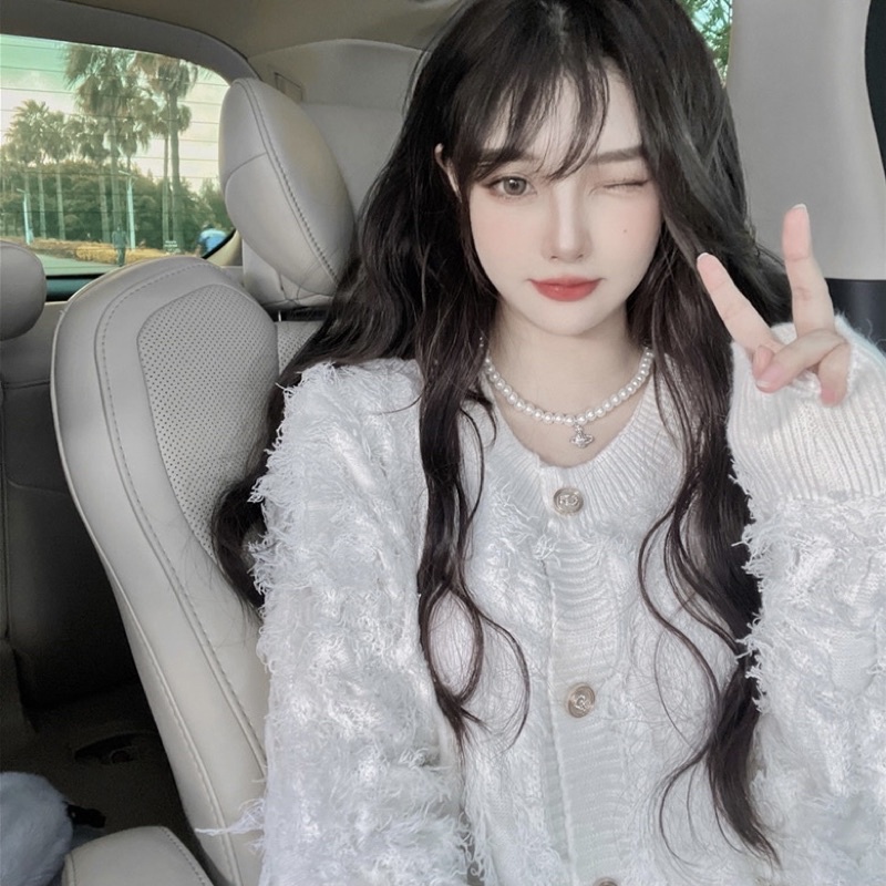 ÁO KHOÁC LEN CỔ V TUA RUA TRẮNG PHONG CÁCH TIỂU THƯ HÀN QUỐC
