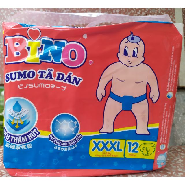 (Mẫu chống hăm) Tã Dán BINO SUMO XXXL12 Miếng (18-35kg)