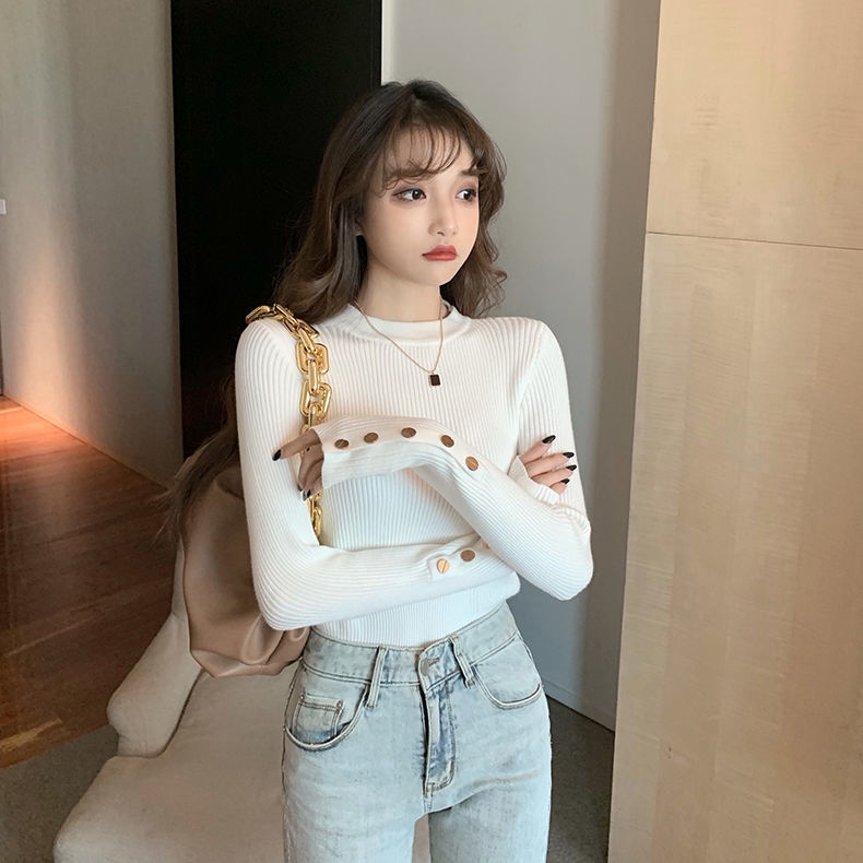 Áo Sweater cổ lọ dáng ôm màu trơn phong cách Hàn Quốc thanh lịch
