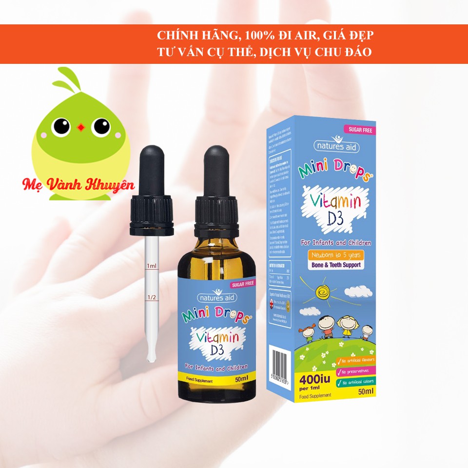 [Mã MKBC25 giảm 80K đơn 1Tr] Vitamin D3 400IU Natures Aid Mini Drops Vitamin D3, UK (50ml giọt)