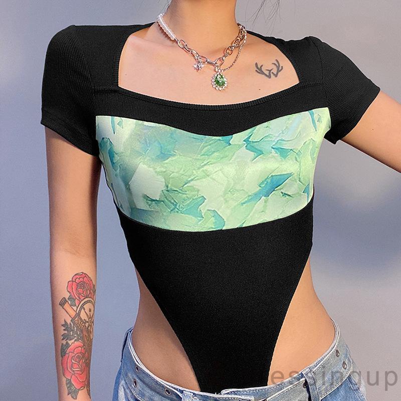 Áo Liền Quần Tay Ngắn Cổ Vuông Dáng Ôm Phối Màu Tương Phản Thời Trang Cho Nữ | BigBuy360 - bigbuy360.vn