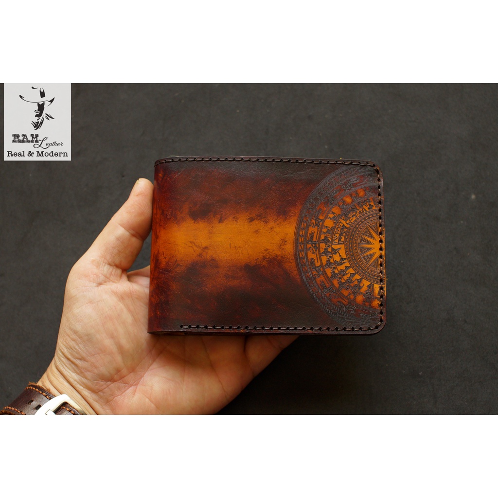 Ví nam Nữ Da Bò Italia Vegtan RAM Leather Màu Nâu Đỏ Trống Vàng