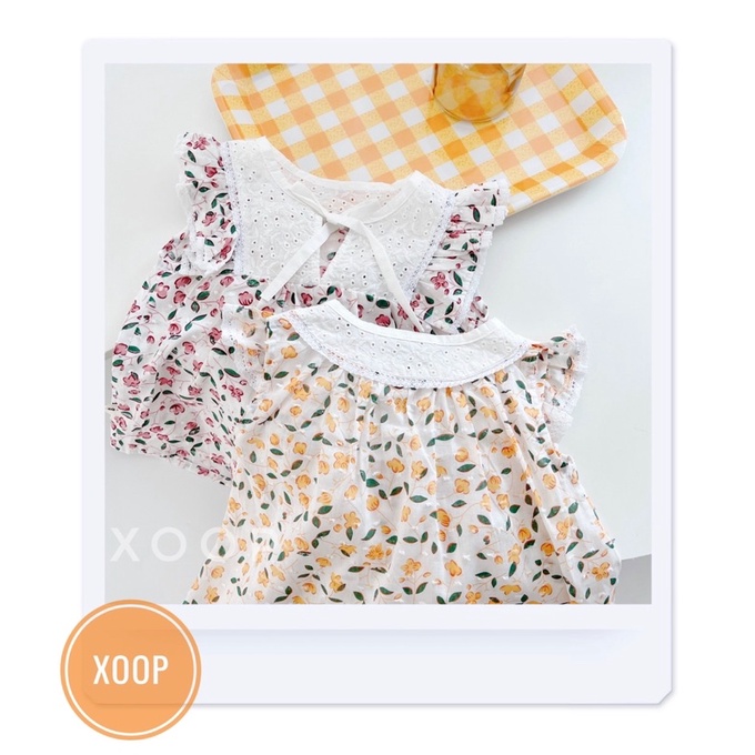 Bộ cộc thô mềm hạt nảy  phối ren trắng hoa tím vàng cho bé gái (8-18kg)