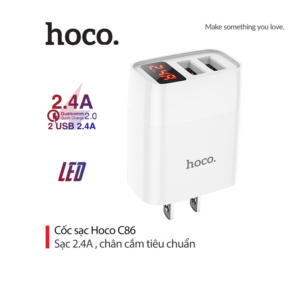 Củ sạc nhanh 2.4A Hoco C86 màn hình Led hiển thị dòng điện chân dẹt 2 cổng USB chất liệu PC cao cấp