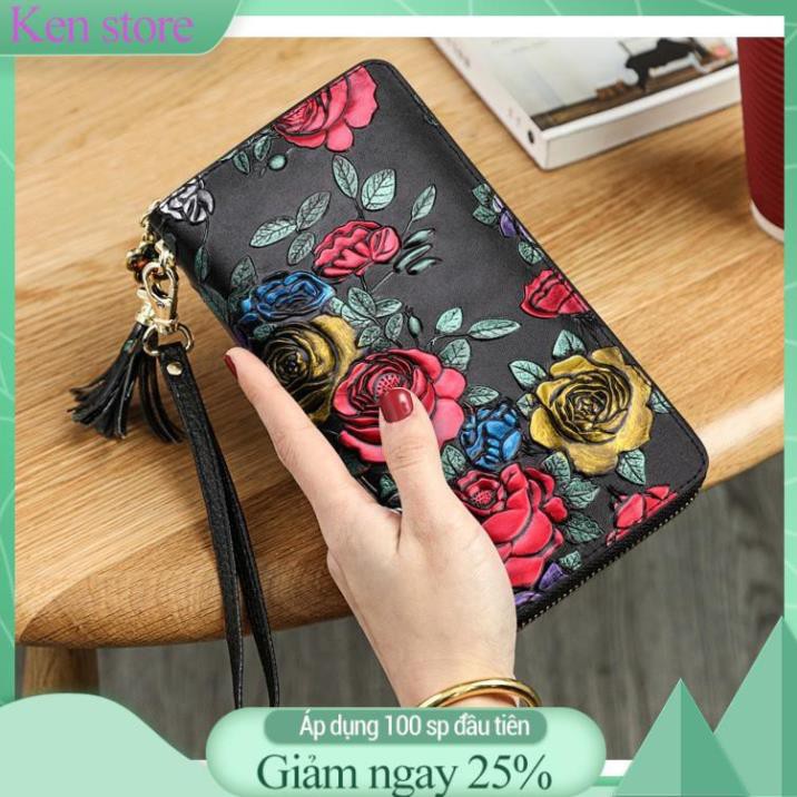 Ví Nữ Dài Cầm Tay Da Bò Thật Chạm Khắc Hoa Hồng 3D Có Dây Kéo An Toàn Kèm Ngoắc Tay Sang Trọng Quý Phái
