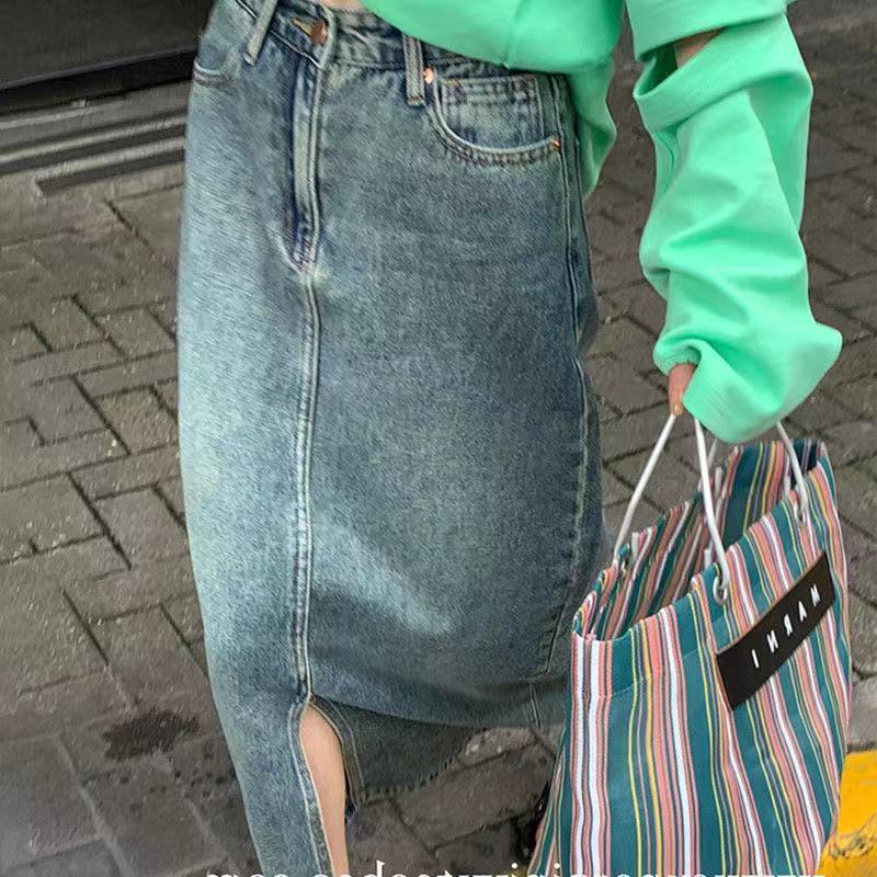 COZOK Chân váy jean Lưng Cao Xẻ Tà Phong Cách Vintage