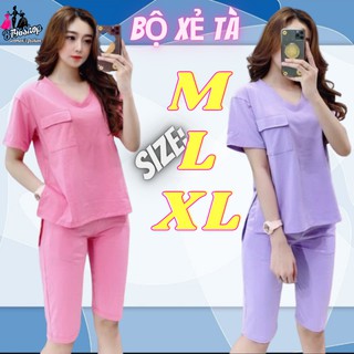 Bộ Mặc Nhà Nữ Thun Cotton Cao Cấp Quần Lửng Áo Cổ Tim Ngắn Tay Xẻ Tà Siêu Thời Trang