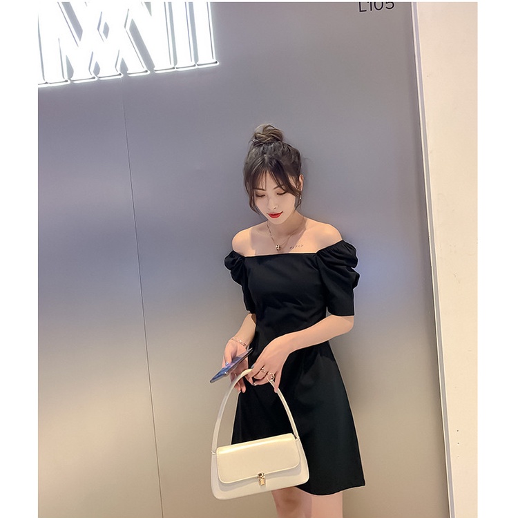 Đầm Chữ A Tay Phồng Cổ Vuông Màu Đen Phong Cách Pháp Thời Trang Cho Nữ