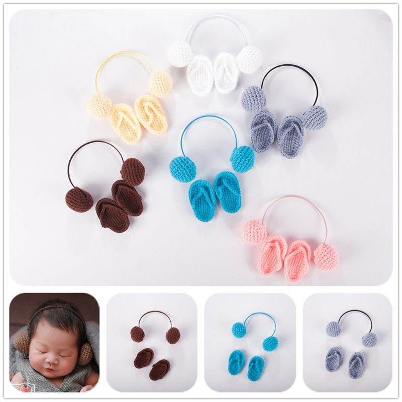 Set dép kẹp + vỏ bọc tai bằng len mini làm phụ kiện chụp ảnh dành cho trẻ sơ sinh