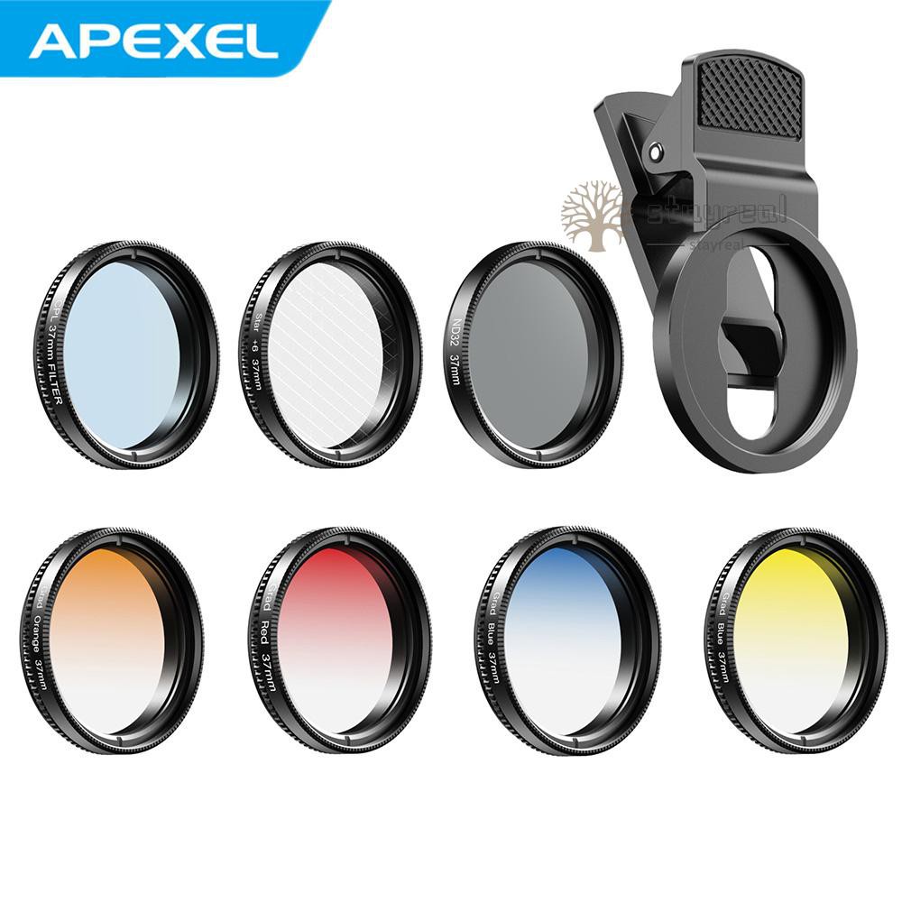 APEXEL APL-37UV-7G Professional 7in1 Phone Graduated Lens Filter Kit 37mm Grad Red Blue Yellow Orange Filters+CPL ND Star Filters Compatible with    Most Smartphones and Camera Lenses with 37mm Thread