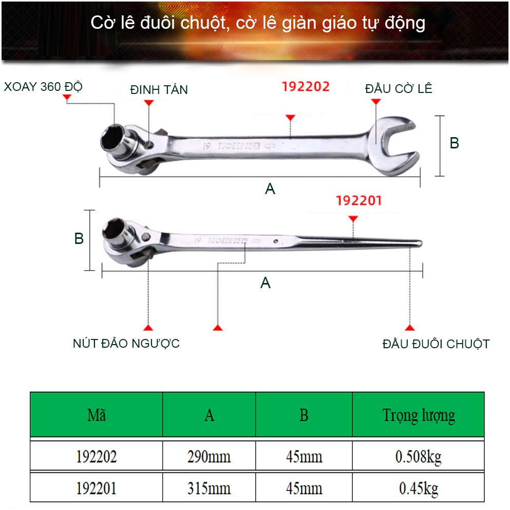 Cờ lê đuôi chuột thông minh 19-22mm, cờ lê giàn giáo, Lắc tự động, có công tắc đảo chiều, chính hãng TUOSEN