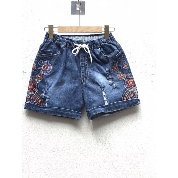 Quần short jean nữ lưng thun West trơn,thêu hoa (có size từ 50-63kg)
