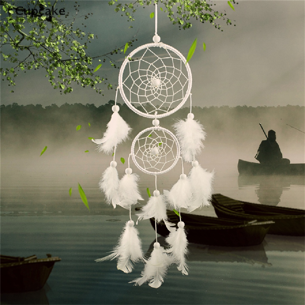 Dreamcatcher Đính Lông Vũ Màu Trắng Treo Tường Trang Trí