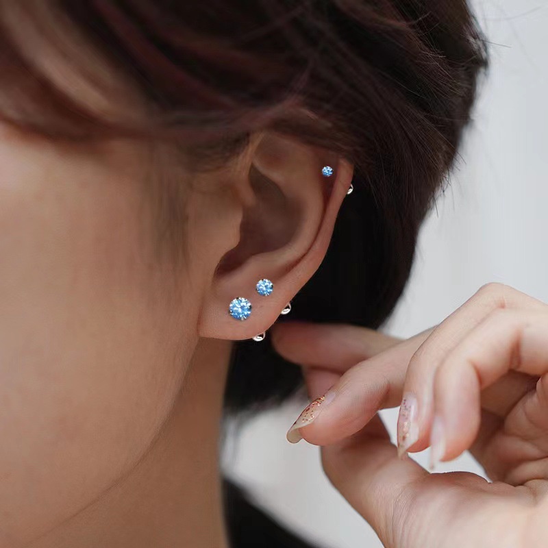 Bông Tai Mạ Bạc 999 Đính Đá Zircon Xanh Dương Lấp Lánh Sang Trọng Thời Trang Cho Nữ