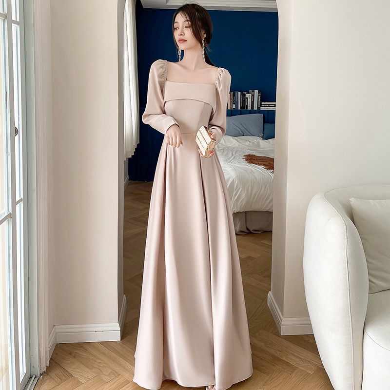 Đầm phù dâu dáng dài bằng satin cao cấp thời trang mùa thu mới