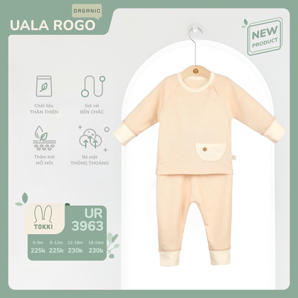 Bộ quần áo dài tay Organic UalaRogo có túi 3 màu mềm mịn cho bé 6 tháng - 24 tháng