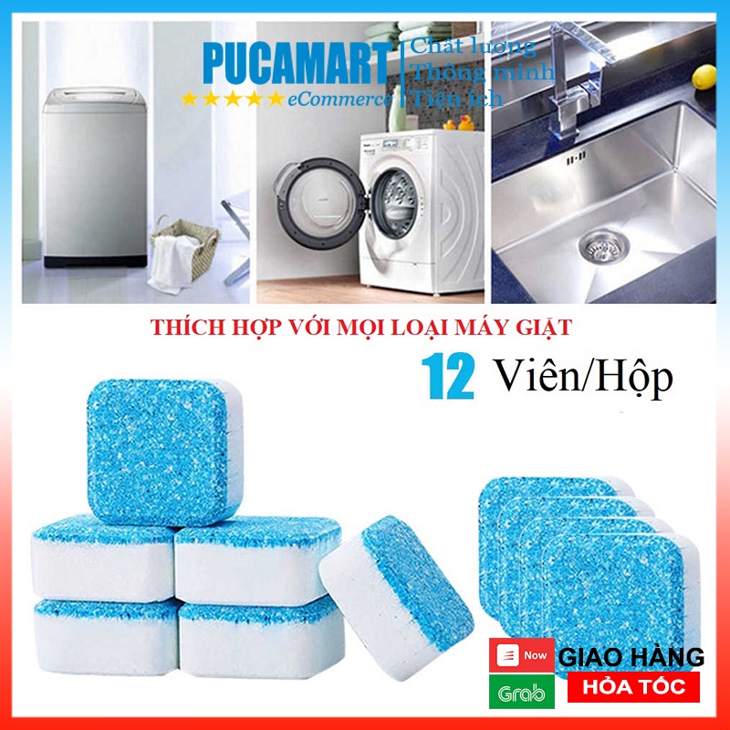 Hộp 12 Viên Tẩy Vệ Sinh Lồng Máy Giặt PUCA, Viên Sủi Diệt Khuẩn, Tẩy Sạch Cặn Bẩn