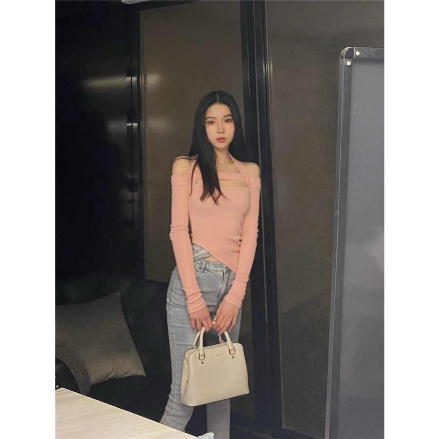 QKOOLE  Áo dệt kim tay dài cổ vuông yếm phong cách Hàn Quốc thời trang cho nữ