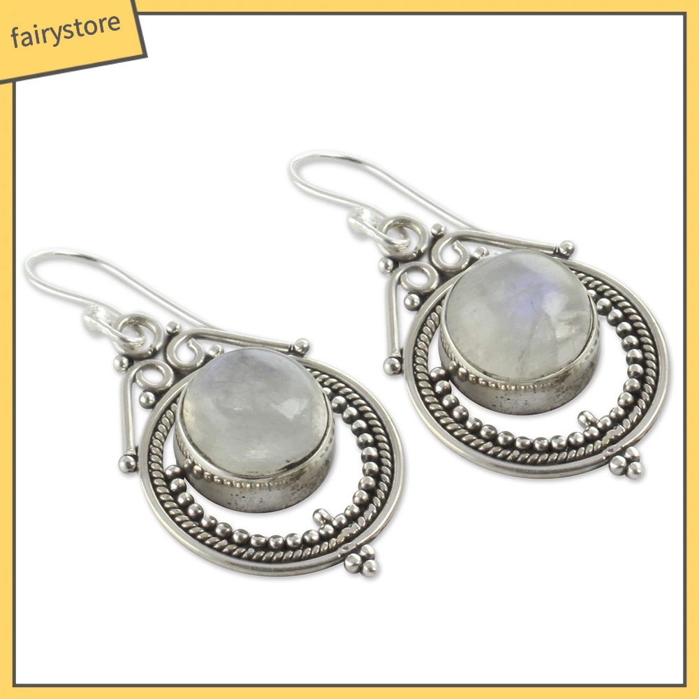 Bông tai kim loại đính đá mặt trăng nhân tạo vintage cho nữ
