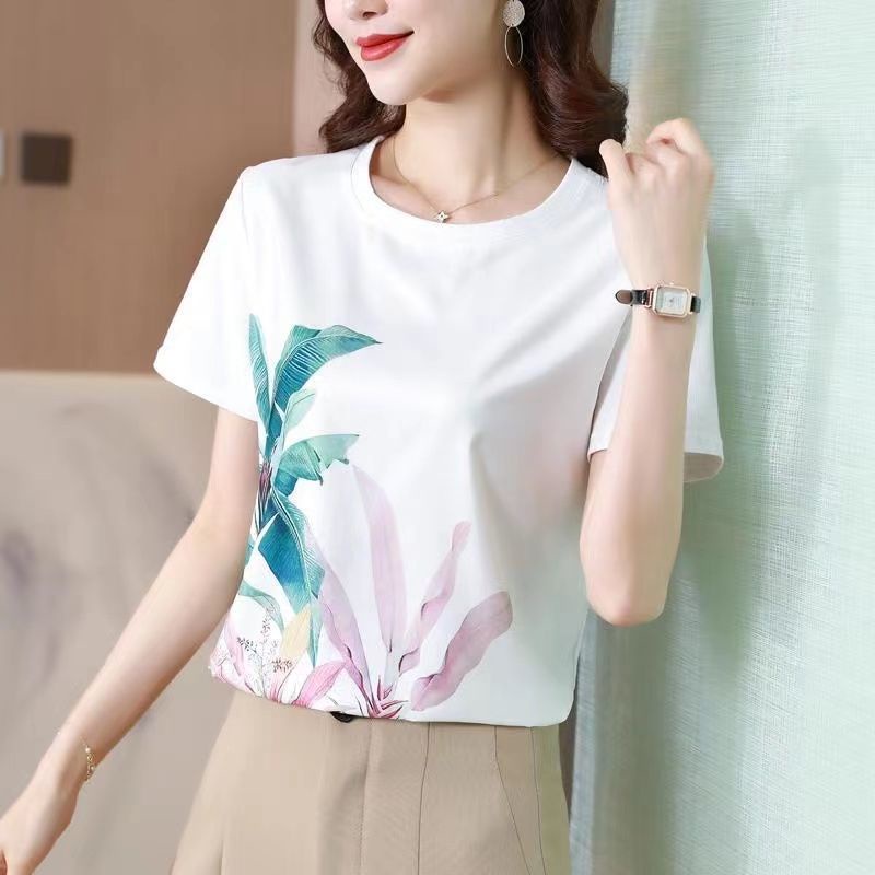 Áo Thun Lụa Ngắn Tay In Họa Tiết Thời Trang Mùa Hè Cho Nữ