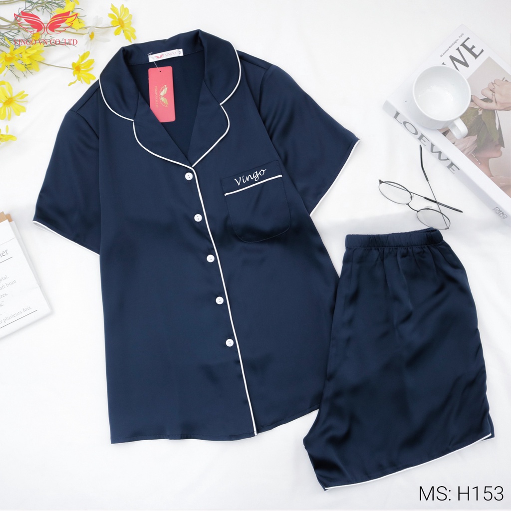 Bộ mặc nhà Pyjama nữ mùa hè VINGO Lụa Pháp trơn cao cấp tay cộc quần cộc phối viền trắng nhiều màu H153 VNGO - TCQC