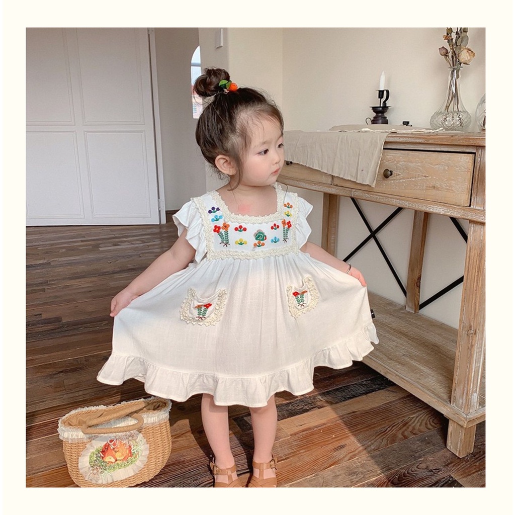 VT58 Size90-130 (9-27kg) Váy đầm bé gái (Đầm linen hoa thêu) Thời trang trẻ Em hàng quảng châu