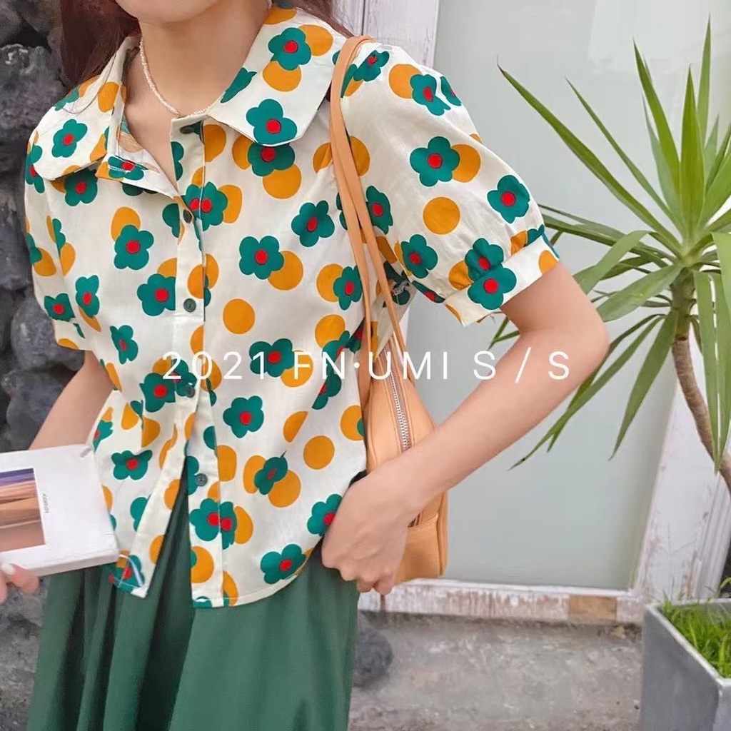 Áo Sơ Mi Nữ Tay Phồng Ngắn Tay Công Sở Dáng Rộng Vintage Họa Tiết Hoa Mùa Hè DK9T501
