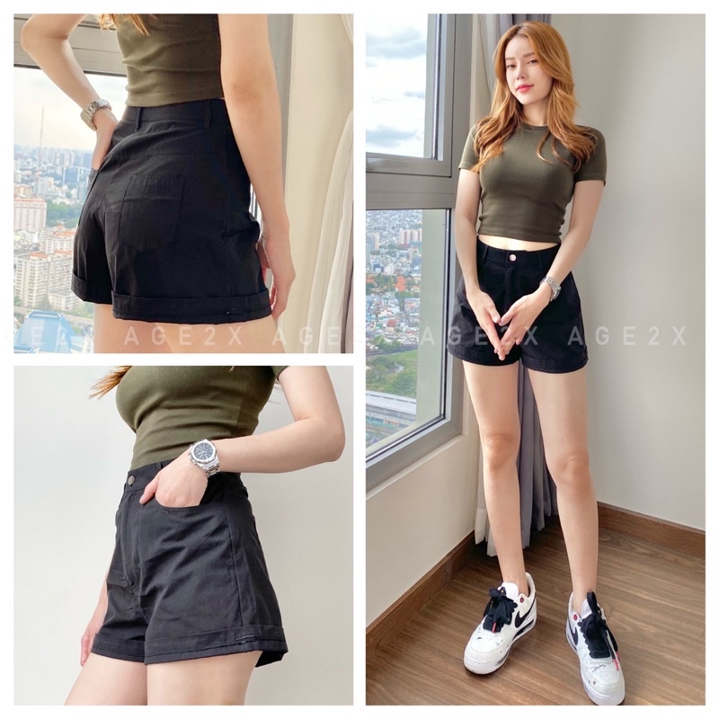 ⚠️HÌNH THẬT⚠️ Quần short nữ Lưng Cao chính hãng AGE2X chất kaki được wash mịn, Ống rộng, lên Phom Siêu Yêu