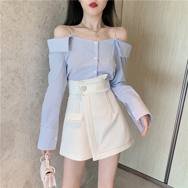 (ORDER) Áo sơ mi trễ vai + quần shorts viền giả váy _ ulzzang style